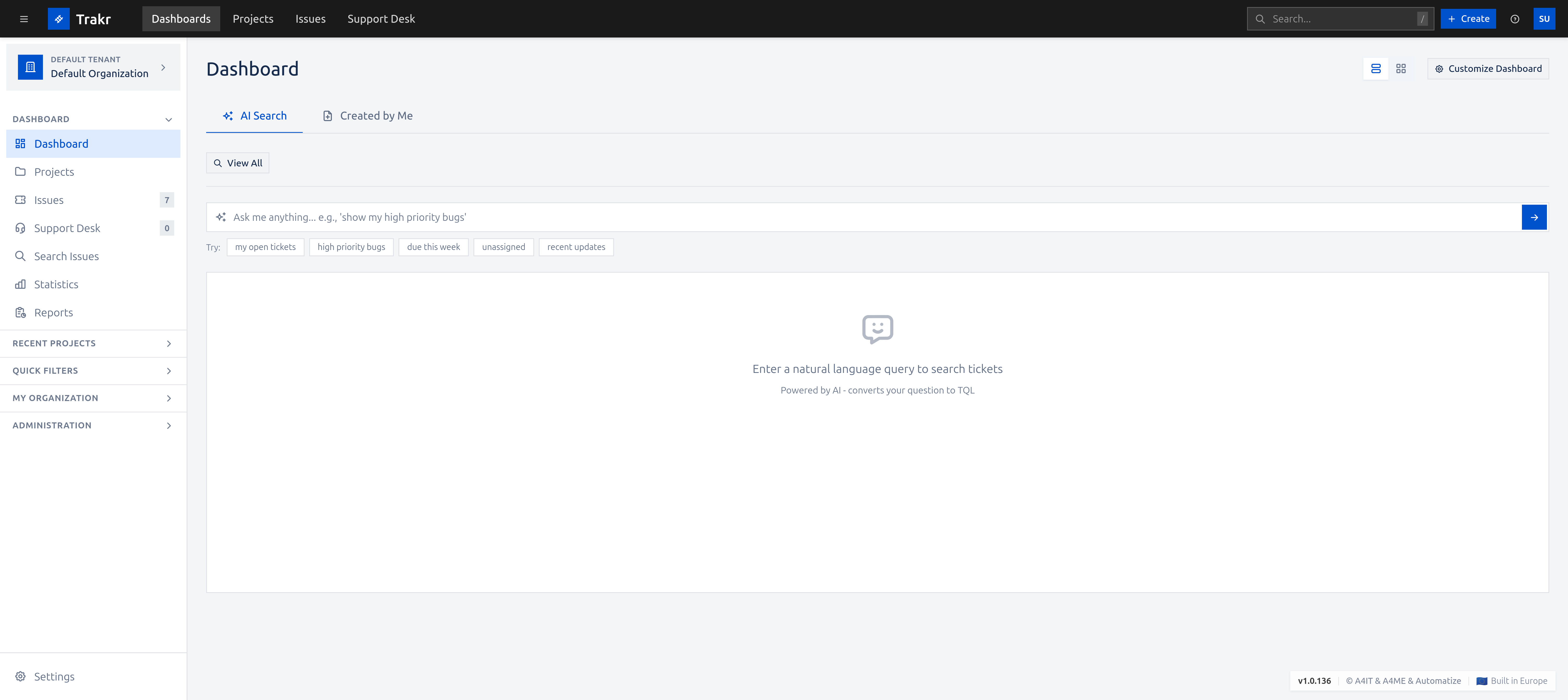 Trakr ticket detail view with metadata, description, comments and activity log
