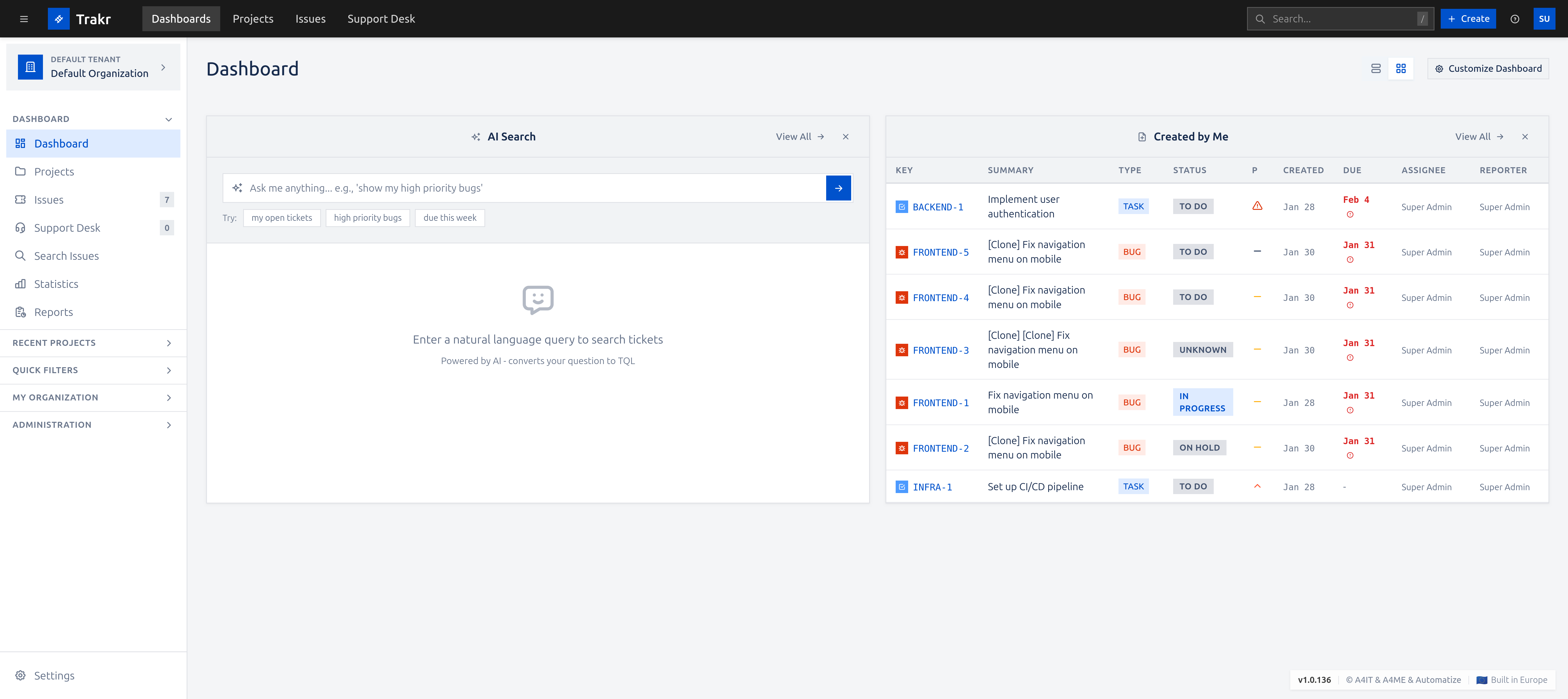 Trakr TQL search interface with autocomplete, saved filters and CSV export